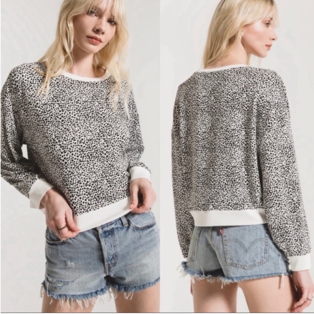 Z SUPPLY top mini leopard long sleeve sweatshirt black white size XS